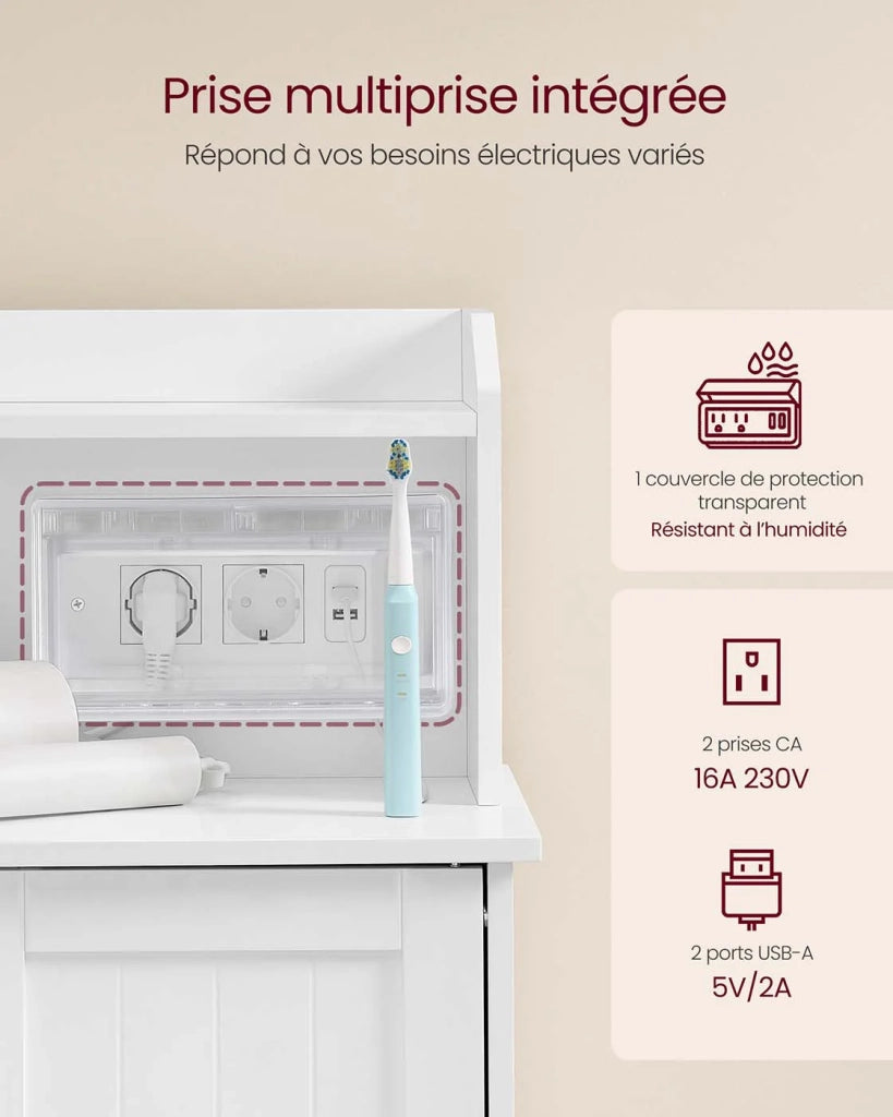 Mobiletto da bagno mobile contenitore mobiletto con multipresa 3 cassetti 1 anta 2 ripiani regolabili per sala da pranzo cucina soggiorno bianco 12_0008024