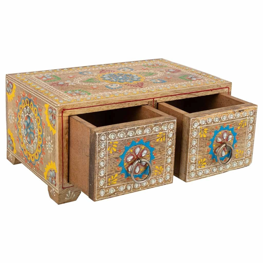 Portagioie in legno dipinto a mano con 2 cassetti marroni 23x14x10h