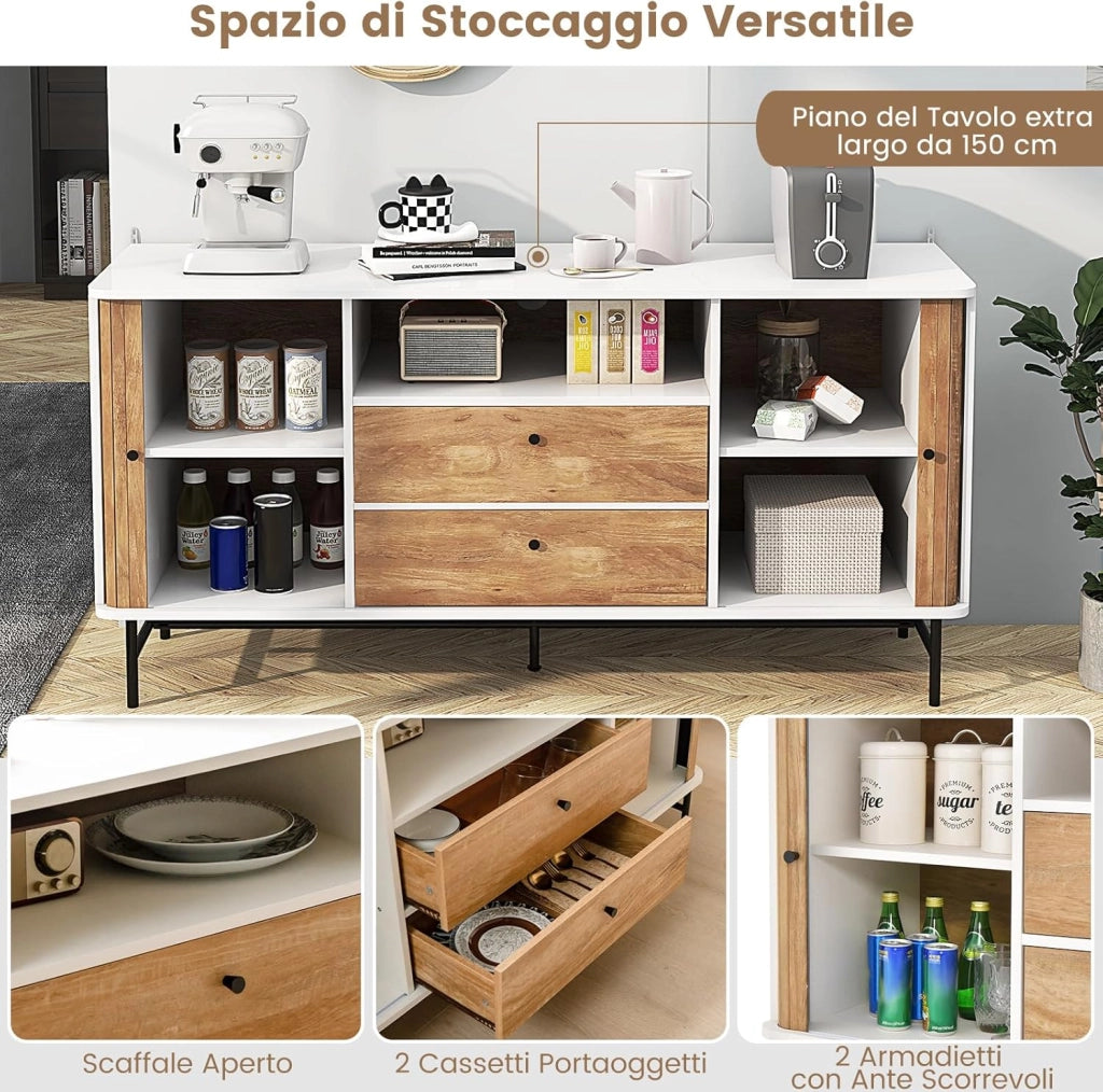 Mobile Credenza, Mobile TV con Ante Scorrevoli e 2 Cassetti, Mobile da Salotto con Foro per Cavi, Mobiletto Multiuso per Cucina, Sala da Pranzo, Soggiorno, 150 x 45 x 74 cm