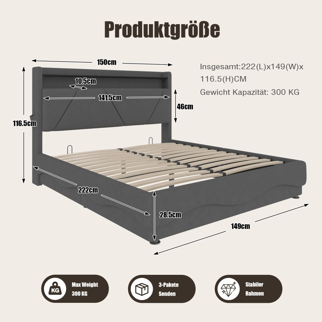 Letti contenitori 140x200 cm con ripiano; LED; velluto grigio (Senza materasso)