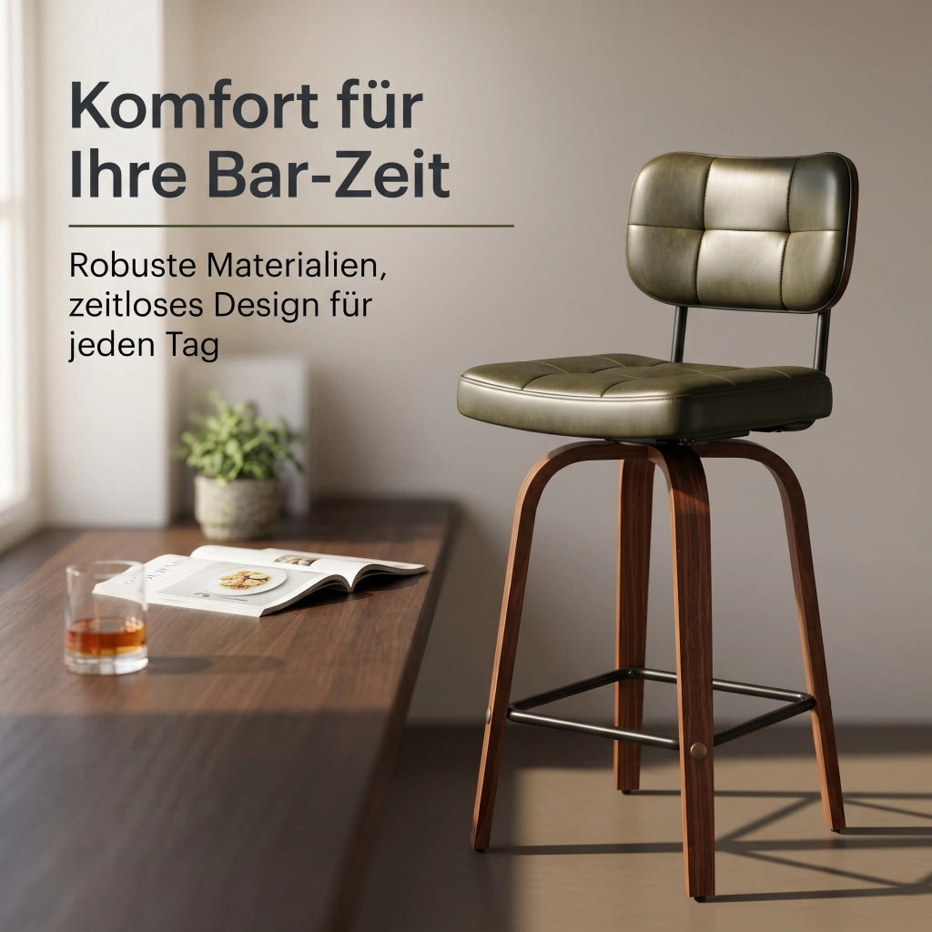 Sgabello da bar girevole con schienale ergonomico e rivestimento in PU, struttura in metallo e legno verde
