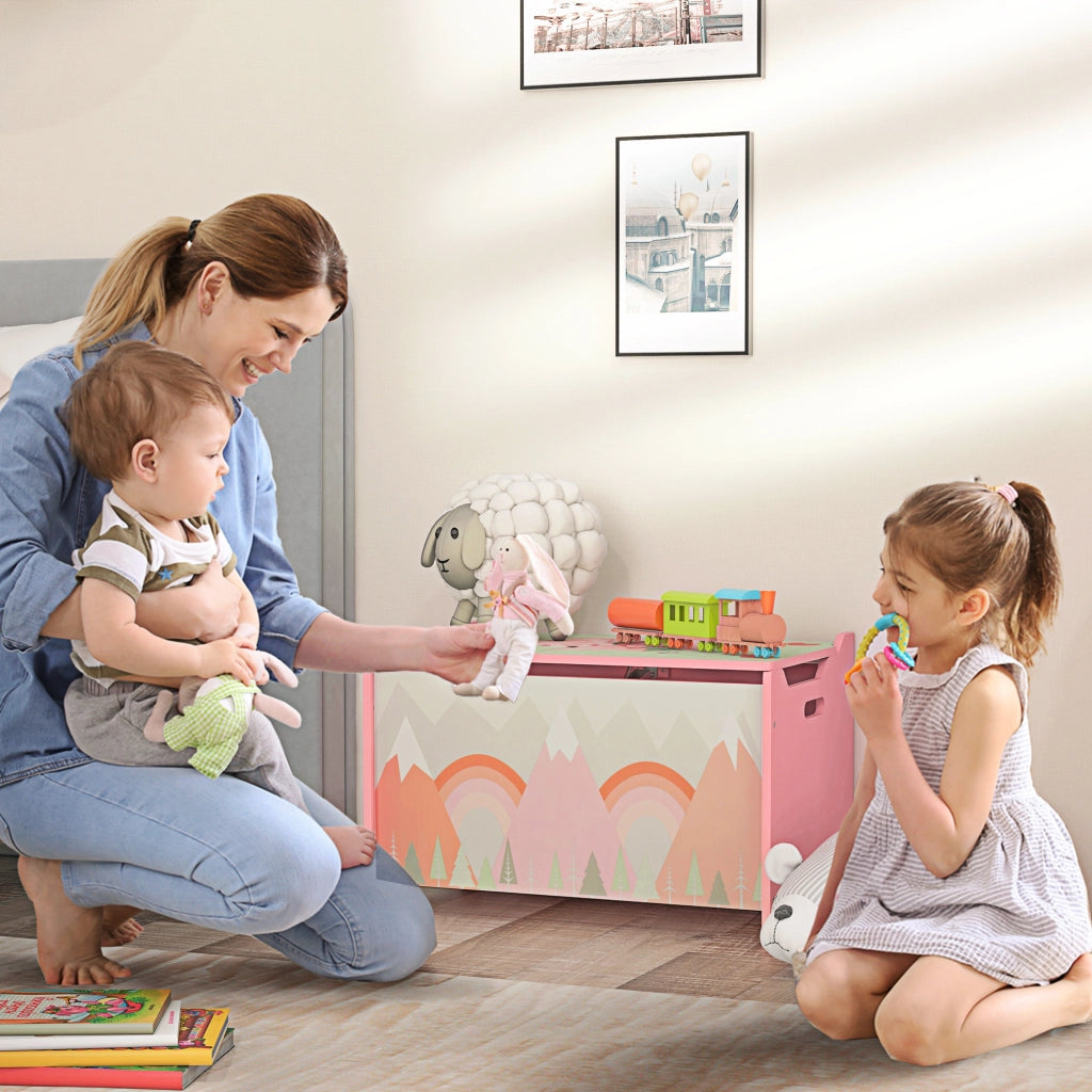 EasyComfort Baule Portagiochi per Bambini con Coperchio e Cerniera di Sicurezza in MDF, 60x37x39cm, Rosa