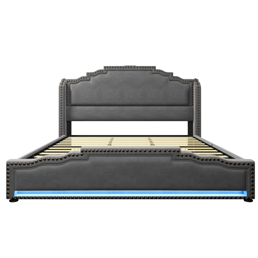 Letto matrimoniale in velluto grigio 180x200 cm con 4 cassetti, LED, USB e Type-C, rete a doghe, senza materasso