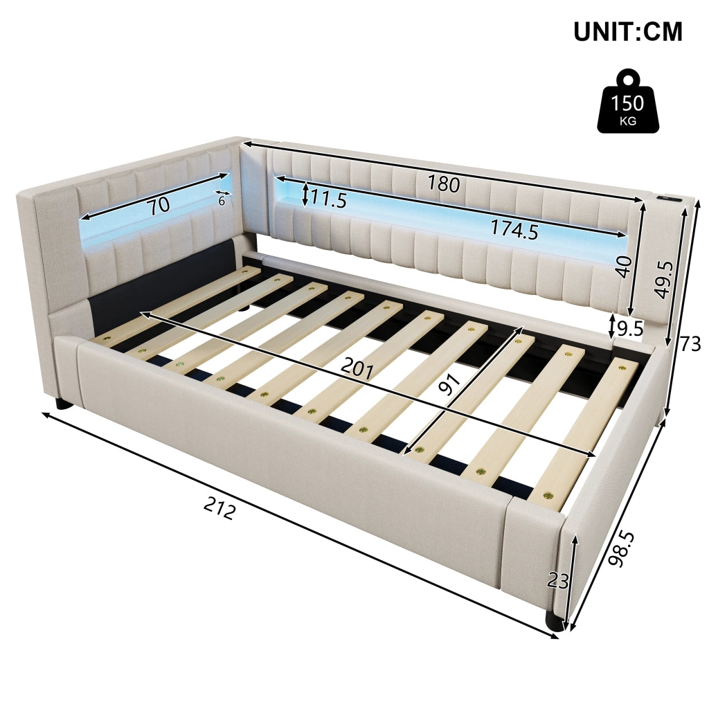 OKWISH Letto Divano 90×200 cm, Letto Singolo con Contenitore Idraulico, LED Regolabile e USB e Tipo C, senza Materasso, in Lino, Beige