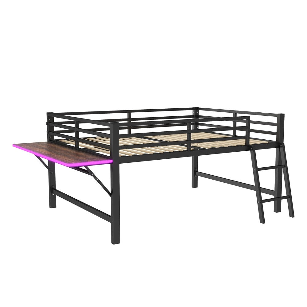 Letto a Soppalco con Scrivania e LED ¨C MINIMAL ¨C Metallo Nero 140x200