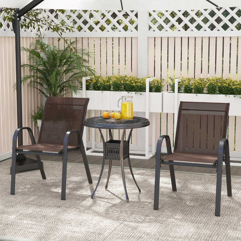 Set di 4 sedie da patio impilabili in metallo con braccioli, Sedie da pranzo in tessuto traspirante Marrone-Sedie da esterno