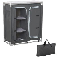 Cucina da Campeggio Doppio Armadietto, 3 Mensole e Sacca di Trasporto, Telaio Alluminio 96Lx49.5Px104cm Grigio