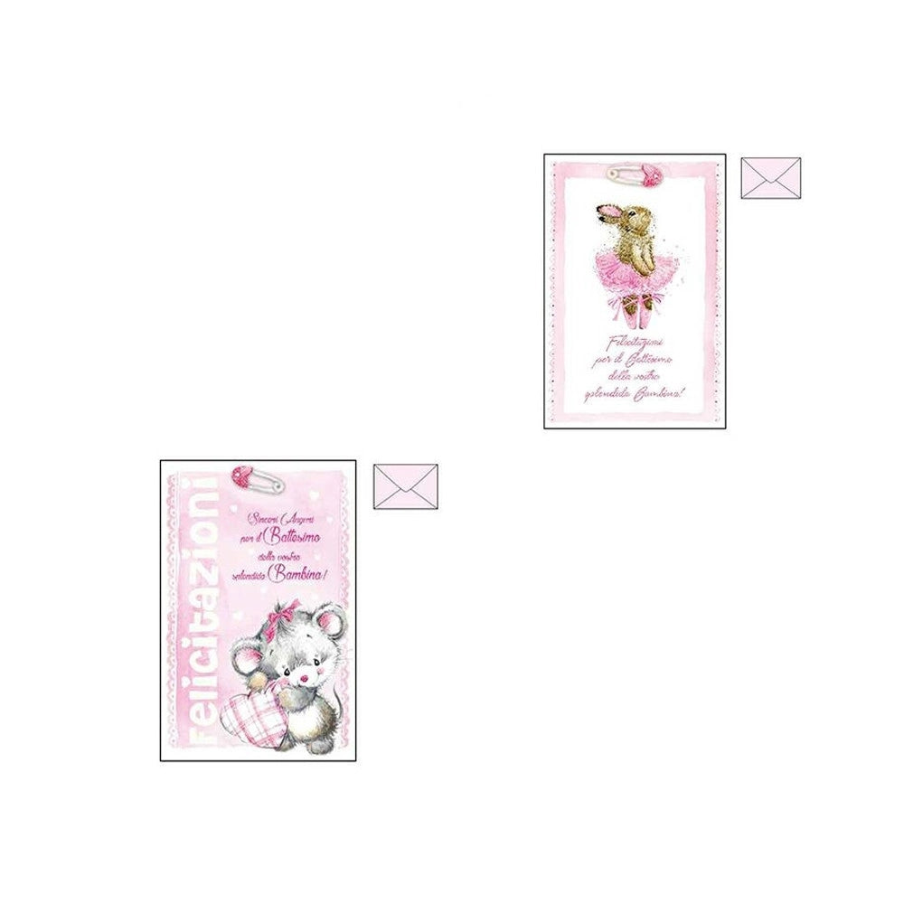 Trade Shop - Biglietto Auguri Battesimo Rosa Bambina Glitter Nascita Congratulazioni Busta -