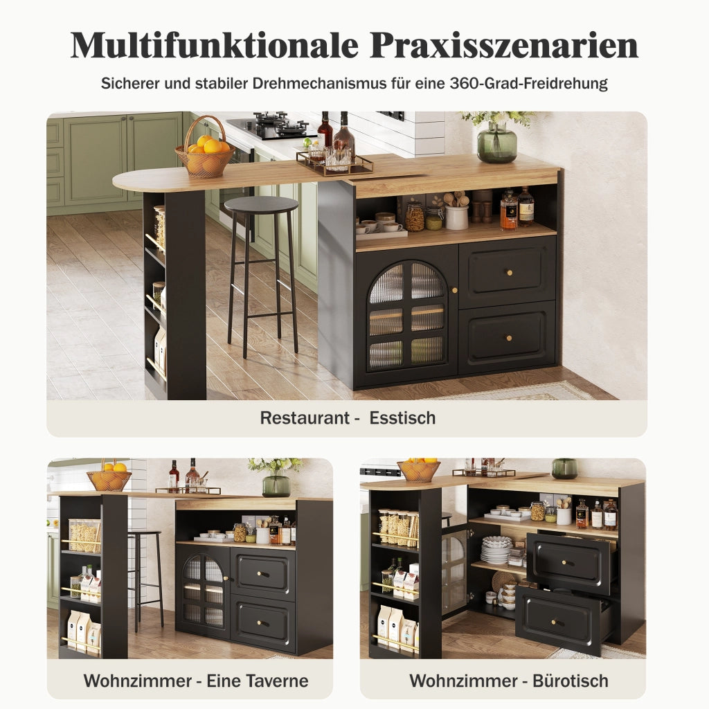 CREDENZA girevole 360° 138-204x39x104 cm MDF nero 2 cassetti