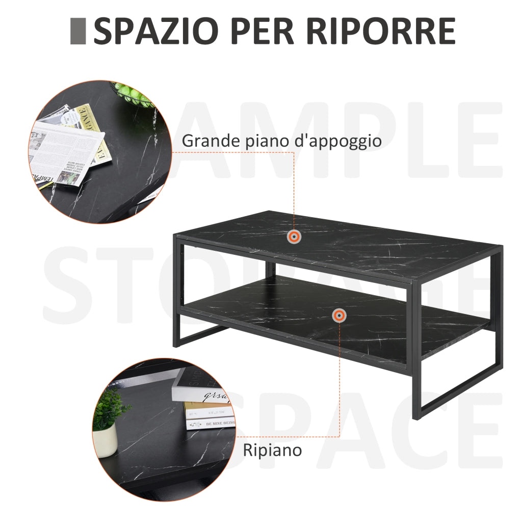 EasyComfort Tavolino da Caffè Nero, Tavolino Effetto Marmo con Ripiano Inferiore, da Soggiorno o Ufficio, Design Moderno, Telaio in Acciaio, 106x50x45cm, Nero