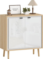 Credenza Cucina con 2 Ante, Mobile Cucina Moderno con Ripiano Regolabile e Piedi in Legno, Credenza Buffet per Soggiorno, Sala da Pranzo e Salotto, 72x35x77 cm, Bianco Lucido e Rovere