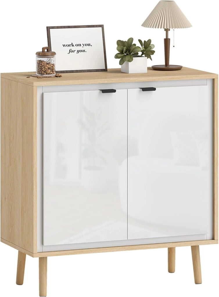 Credenza Cucina con 2 Ante, Mobile Cucina Moderno con Ripiano Regolabile e Piedi in Legno, Credenza Buffet per Soggiorno, Sala da Pranzo e Salotto, 72x35x77 cm, Bianco Lucido e Rovere