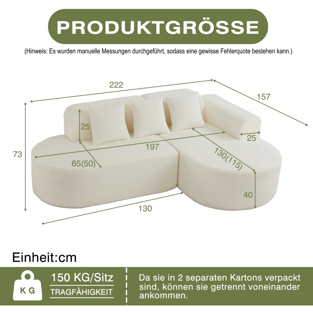 Divano angolare con chaise longue a destra e 3 cuscini schienale, design arrotondato in ciniglia beige