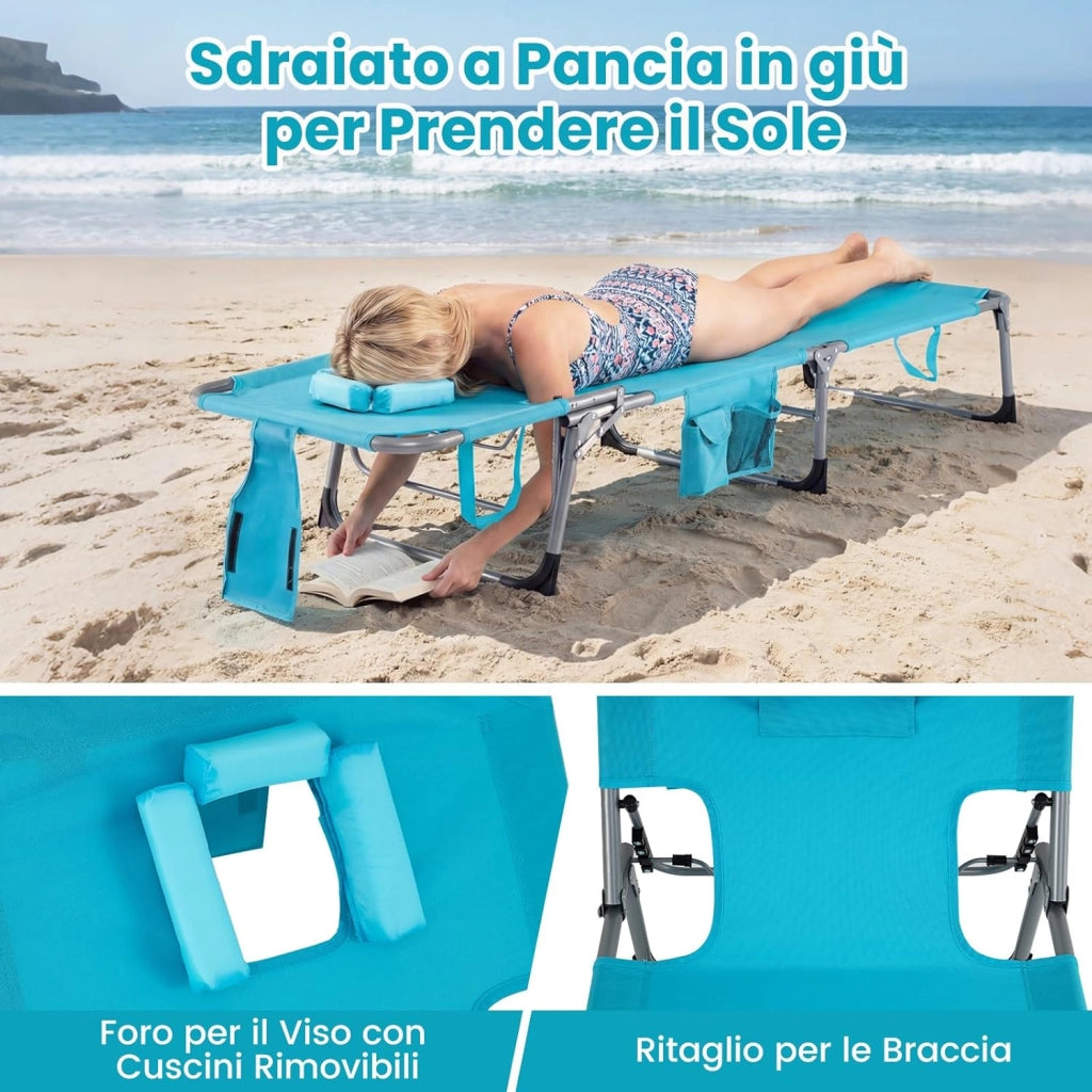 Lettino Prendisole da Spiaggia, Sdraio Mare Pieghevole Portatile con Foro per Viso e Braccia, Cuscino e Tasche Laterali, Schienale Regolabile 4 Posizioni, Portata 150 kg (Turchese)