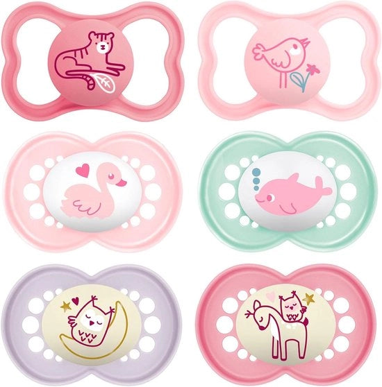 Fopspeen in Silicone 16+ Anni - Day-Night - Mix per Ragazze - Set da 6 - Incluso 3 Scatole di Trasporto Sterilizzate