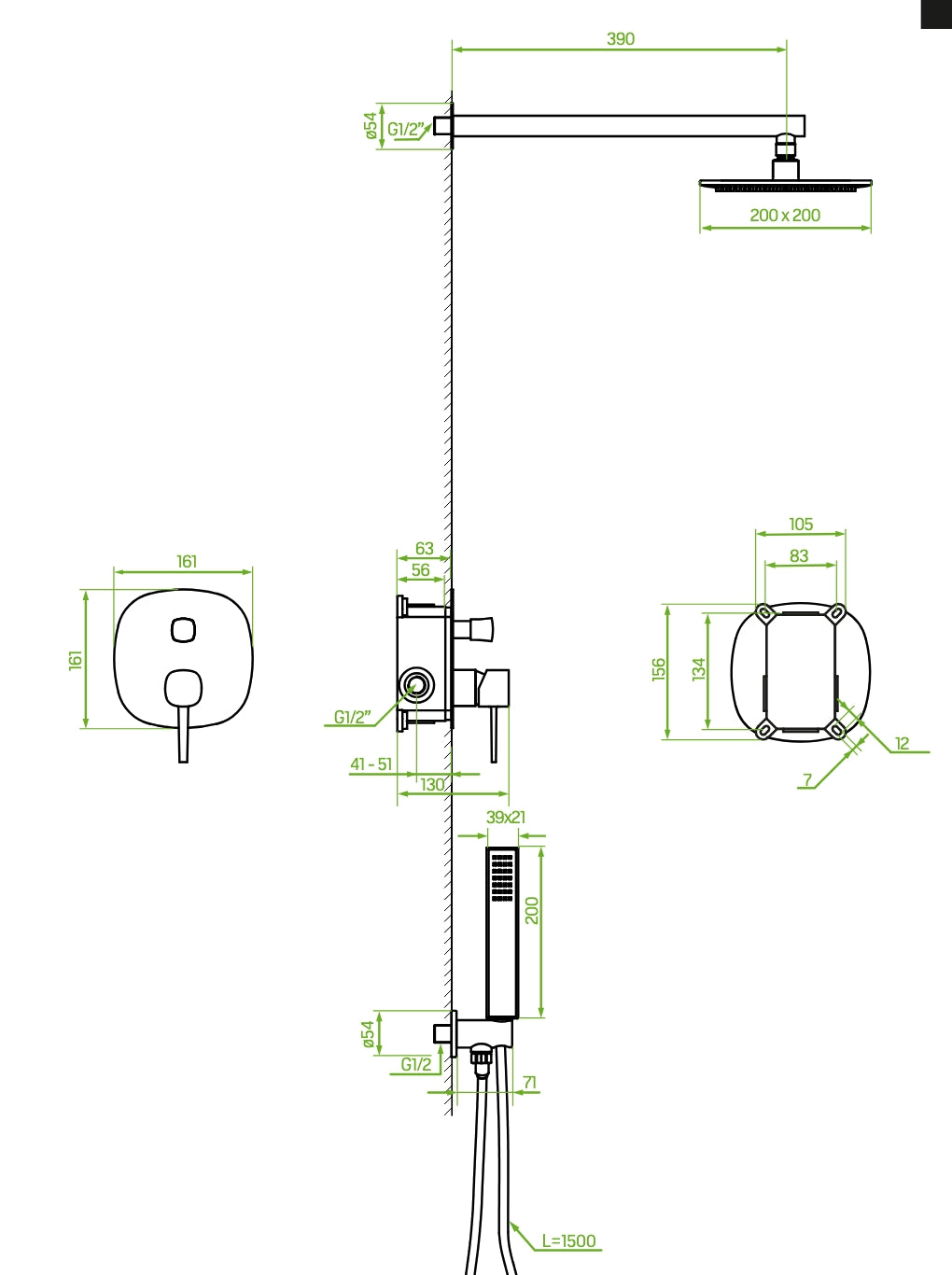 Set doccia – nero opaco, soffione, braccio doccia e miscelatore doccia