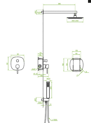 Set doccia – nero opaco, soffione, braccio doccia e miscelatore doccia