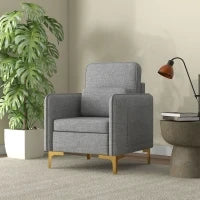 Poltroncina Moderna con Tessuto effetto Lino, Gambe in Acciaio e Tasche laterali, 72x72x90cm, Grigio