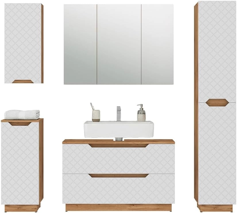 Set di mobili da bagno Lotta, Bianco, 99.4 cm, composto da mobile sottolavabo, specchiera, colonna, base media e pensile