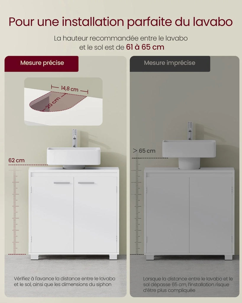 Mobile lavabo da bagno con 2 vani dietro le ante per vari tipi di lavabo con gambe 30 x 60 x 60 cm bianco 12_0006535