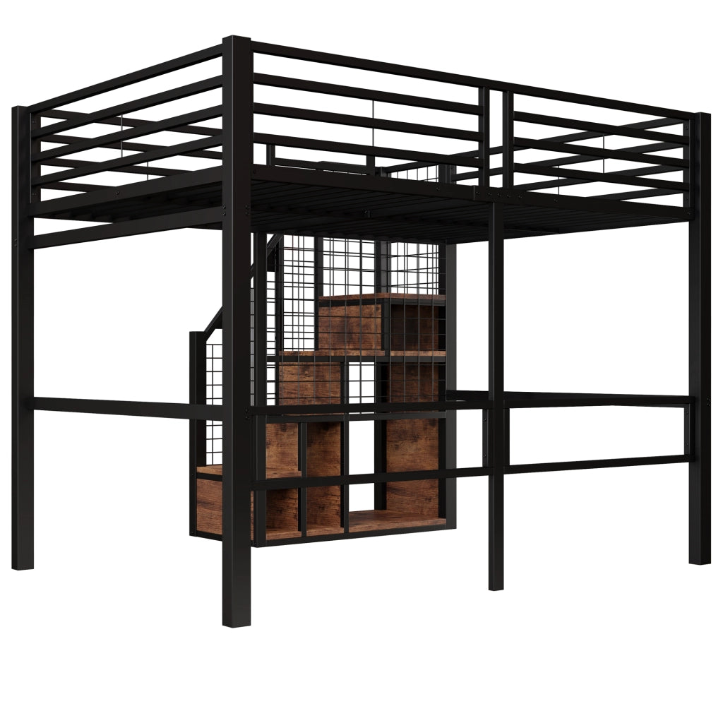 Letto a soppalco singolo 140 × 200 cm con scala, contenitore integrato e barriera, senza materasso, metallo nero
