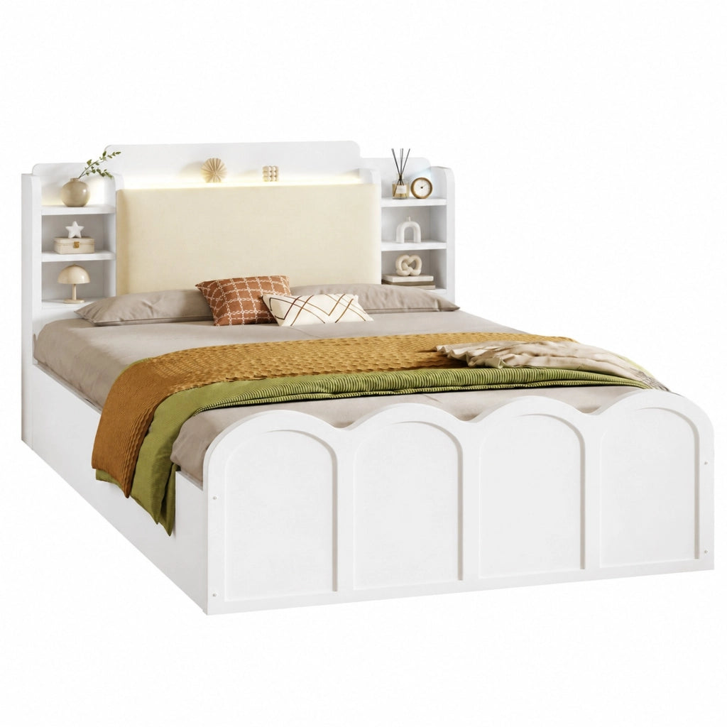 Letto singolo contenitore 90x200 cm in legno di pino bianco con LED; USB e USB-C
