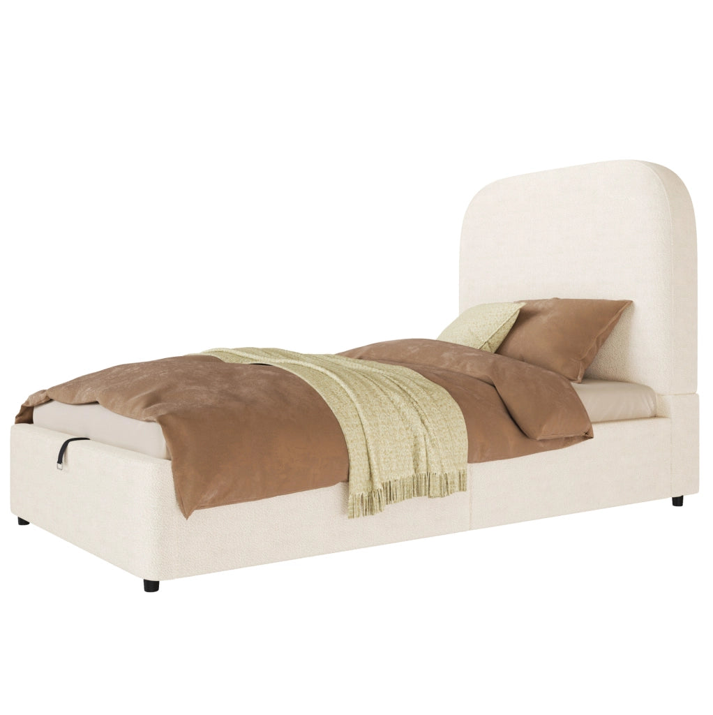 Letto singolo per bambini 90x200 cm con contenitore idraulico; testiera imbottita; bouclé beige