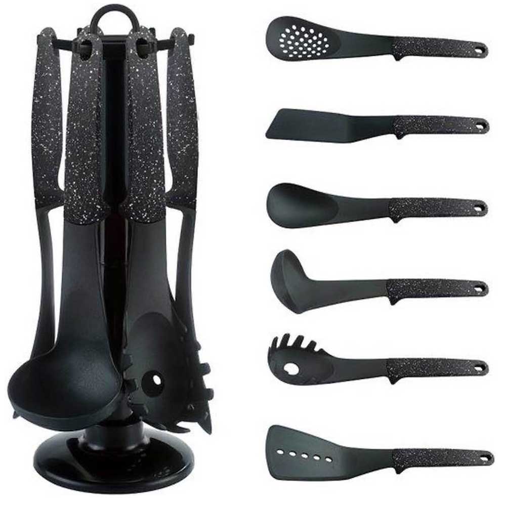 Set Mestoli da Cucina 7 Pz Resistenti al Calore Antiaderenti Colore Nero