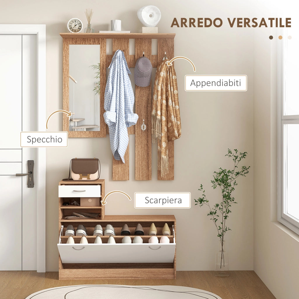 Mobile Appendiabiti 3 in 1 con Scarpiera e Specchio, Ganci e Cassetti, in Legno, 90x24x177 cm, Bianco e Noce