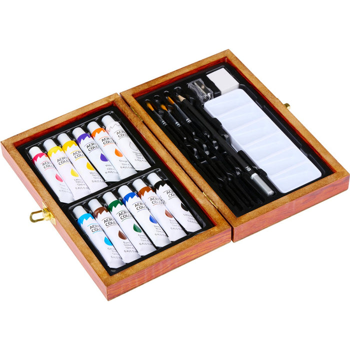Valigetta Acrilica con 12 Tubi Pittura Acrilico e Pennelli Set Pittore in Legno