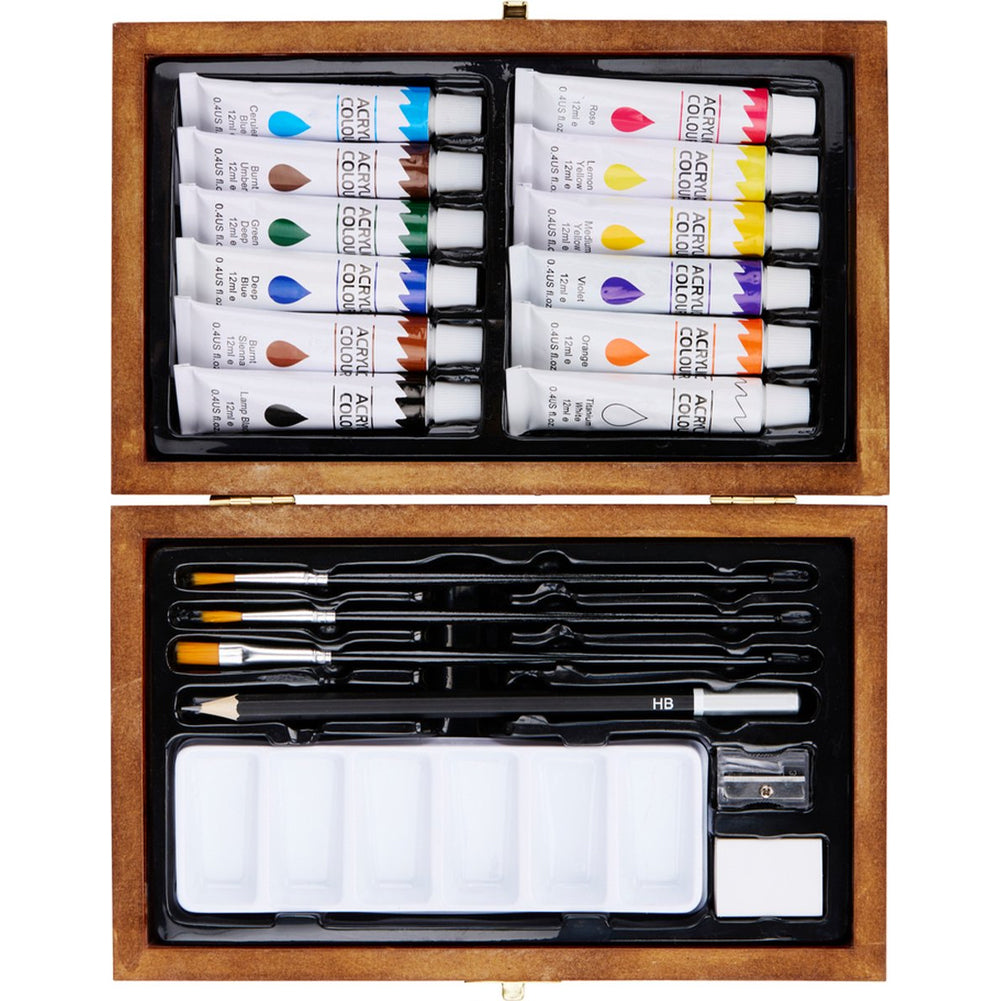 Valigetta Acrilica con 12 Tubi Pittura Acrilico e Pennelli Set Pittore in Legno