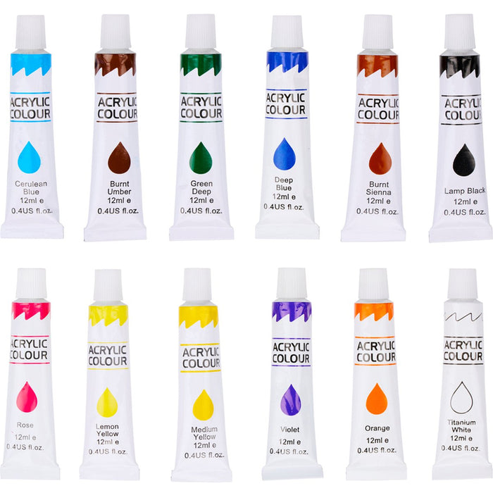 Valigetta Acrilica con 12 Tubi Pittura Acrilico e Pennelli Set Pittore in Legno