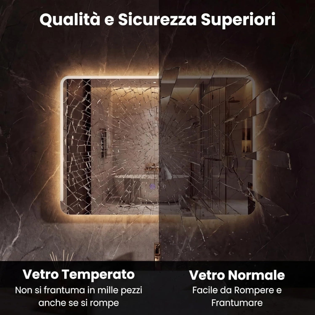 Specchio da Bagno LED 70 x 50 Cm, Vetro Temperato Anti-Esplosione, Specchio da Parete Retroilluminato Dimmerabile con Luci a 3 Colori e Antiappannamento, per Lavabo (70 x 50 x 3 cm)