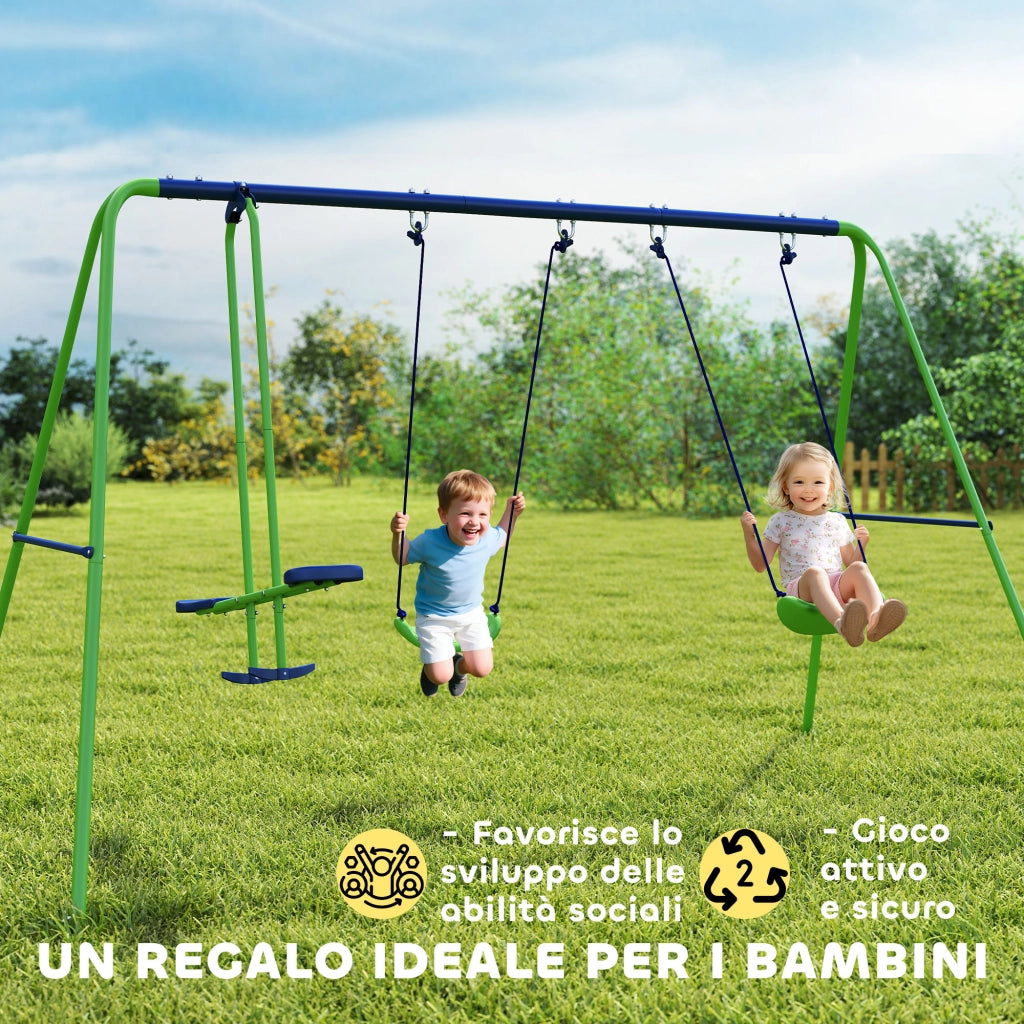 Altalena Doppia con 2 Singole per Bambini ¨C zephmum ¨C Verde Blu Metallo PE 280x140x178 cm