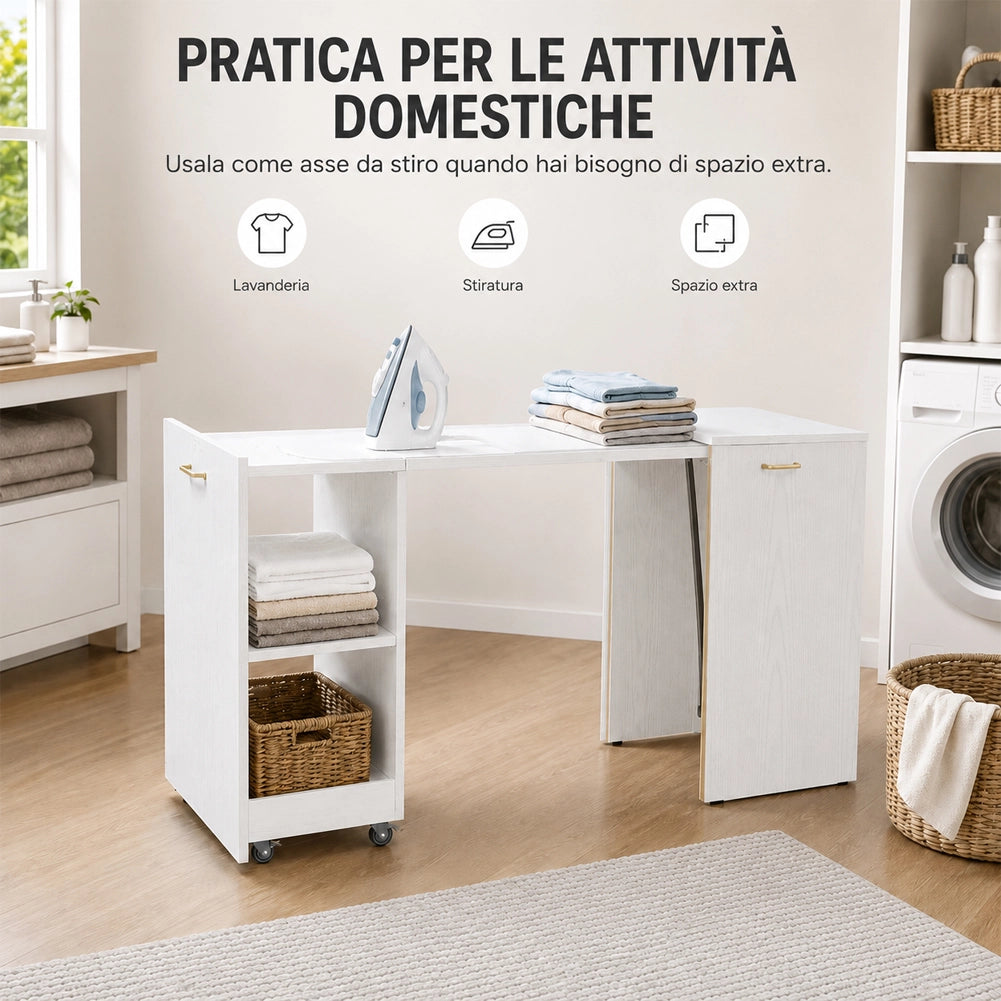 Mobile con Tavolo Scomparsa Bianco Frassinato Richiudibile Salvaspazio Scrivania