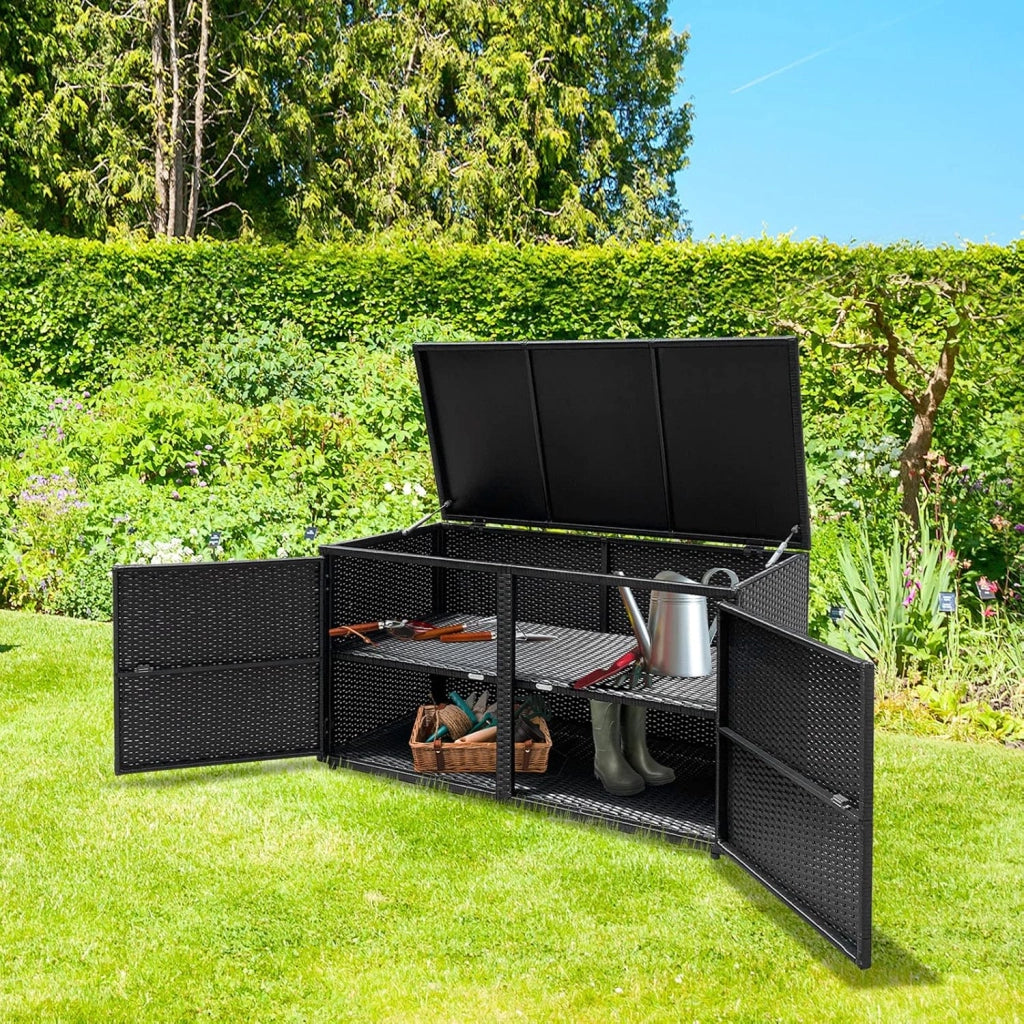 Cassapanca Per Esterni in Metallo e PE Rattan, Ideale Per Tenere in Ordine, 310 L,115 x 60 x 65/120 cm, 2 Colori (Nero)