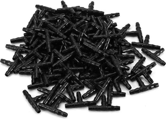 Connessioni a T per irrigazione automatica di giardino, 100 pezzi, per sprogetti 4 mm/7 mm, per connessione di tubi di plastica.