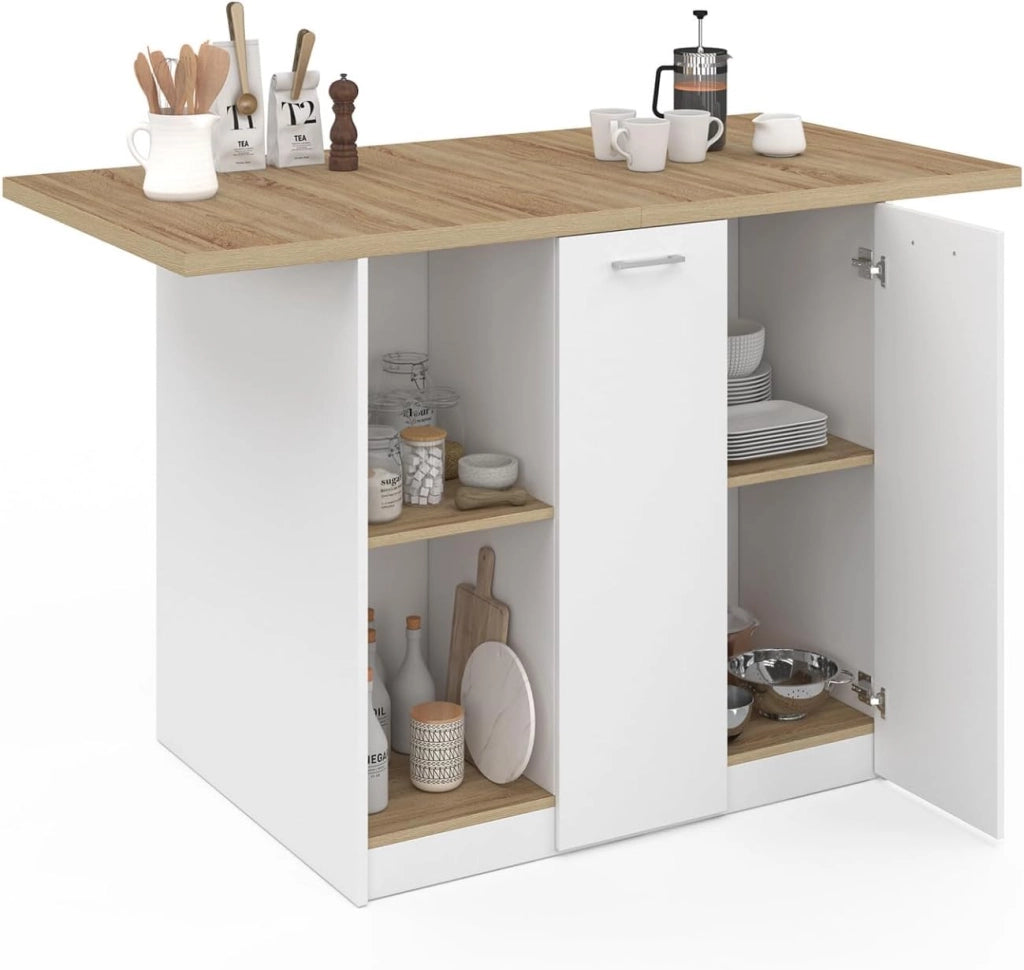 IDMarket - BAO 140 cm 4 persone isola centrale in legno bianco con piano di lavoro effetto faggio
