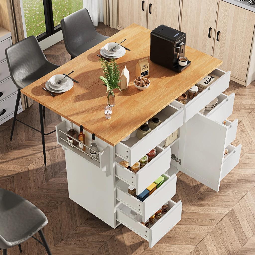 Carrello da cucina con 8 cassetti; armadietto; piano ribaltabile e ruote; MDF; 122 x 46 x 91;5 cm; bianco