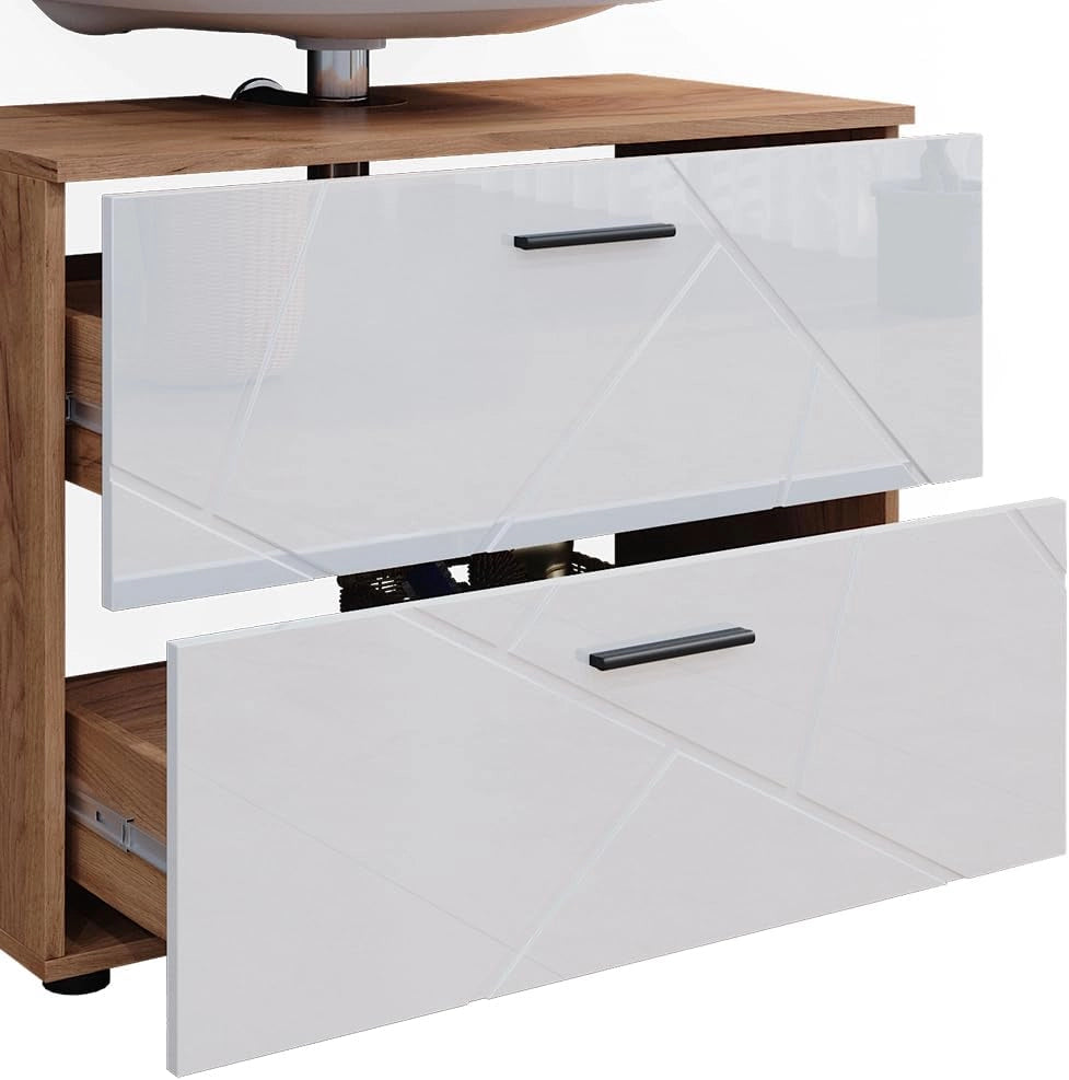 Set di mobili da bagno Irma, Bianco lucido/oro power oak, 80 cm, composto da specchio da bagno e mobile sottolavabo