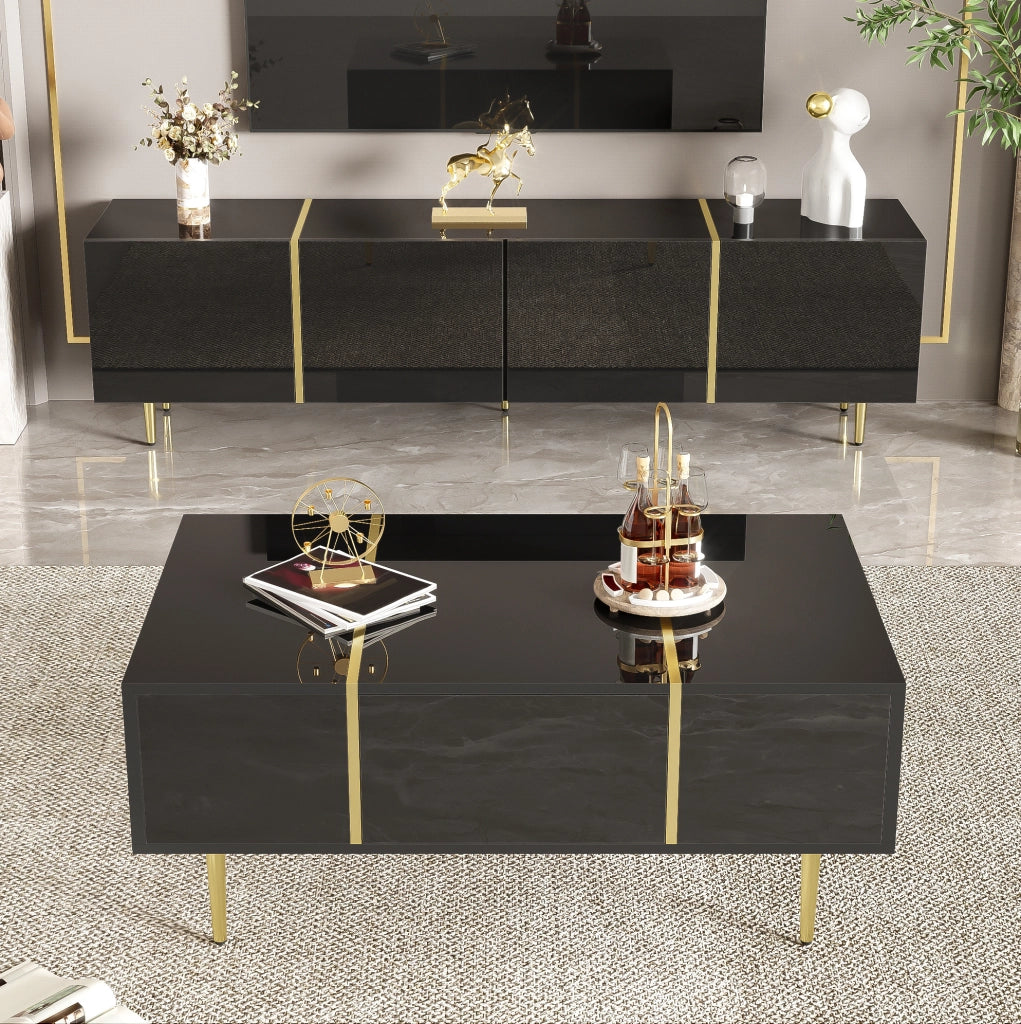 MOBILE TV e TAVOLINO Set 2 unità Nero lucido MDF con dettagli oro