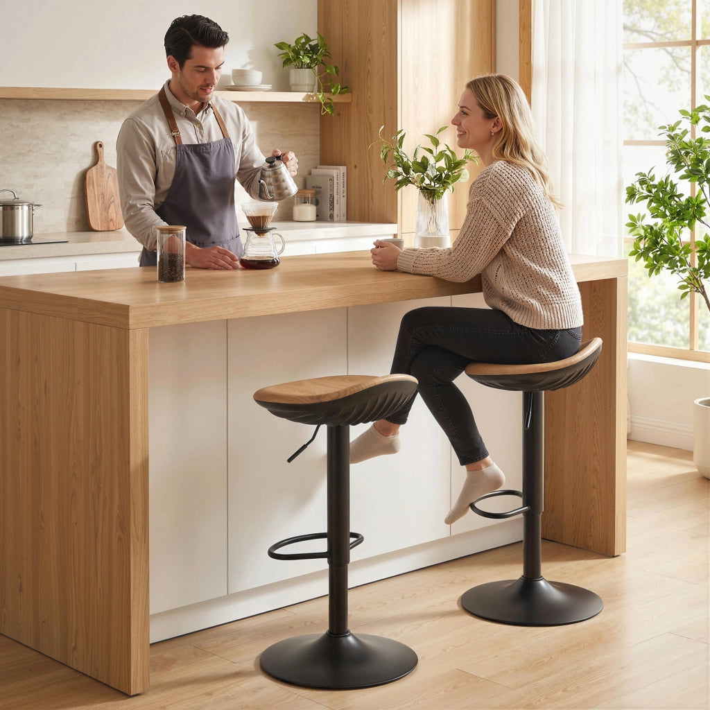 Sgabelli da Bar Regolabili in Altezza ¨C Minimal ¨C 2 Pezzi, Base in Acciaio, Quercia