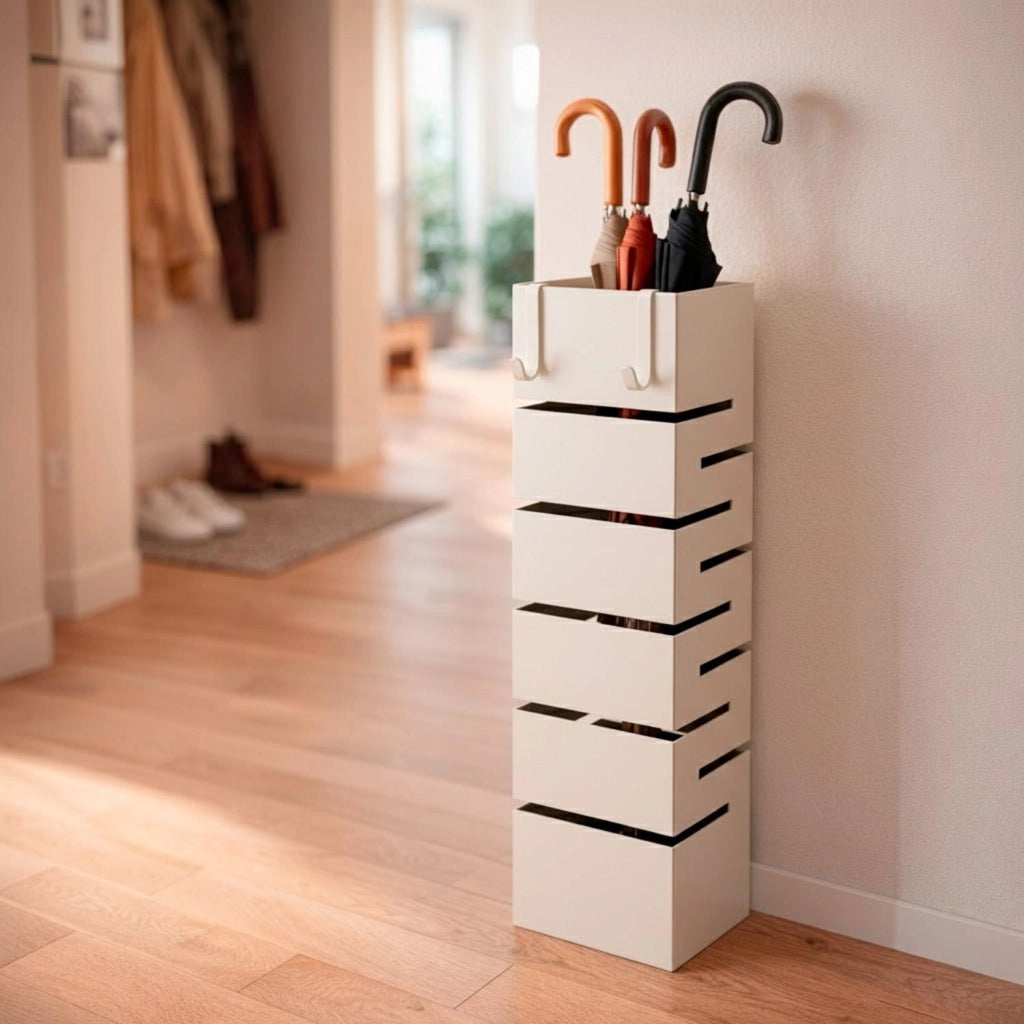 Portaombrelli Con Struttura Robusta In Acciaio Zincato Per Interno Esterno Vaschetta Scolapioggia Base Antiscivolo 2 Ganci Removibili Design Moderno Bianco 49 X 15.5 X 15.5 Cm