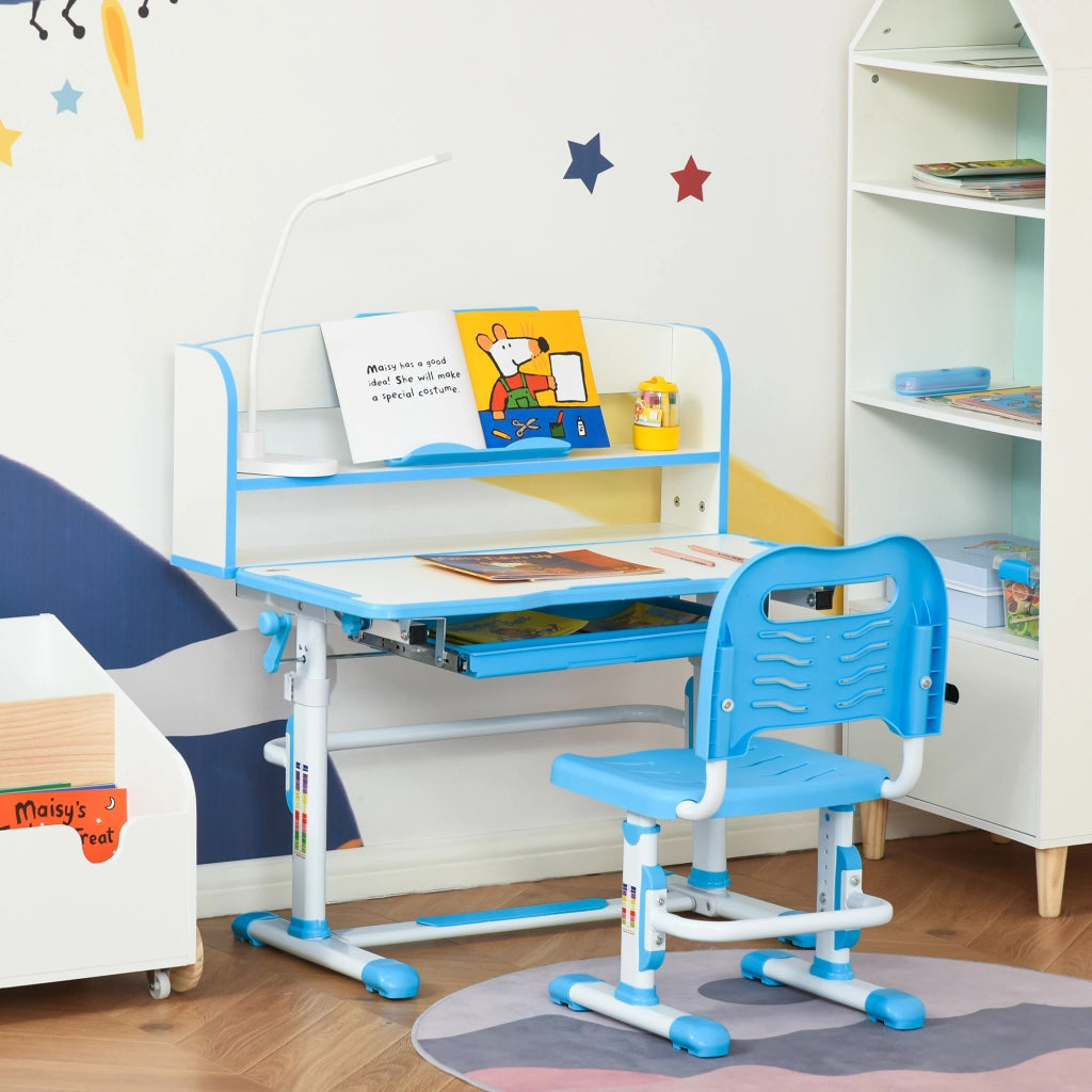 Banco Scuola per Bambini 6-12 Anni Regolabile con Luce LED, Leggio e Portapenne, in MDF, PP e Acciaio, Azzurro