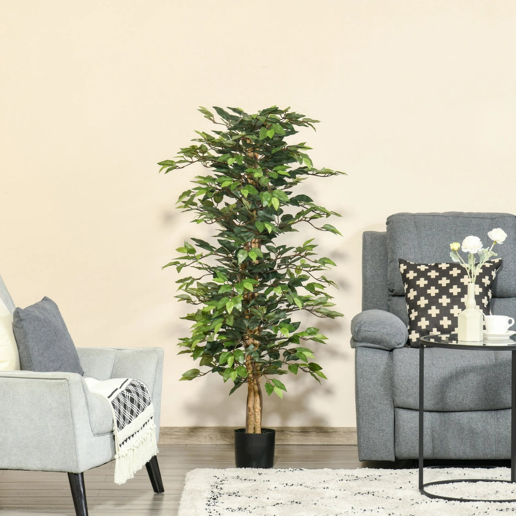 Ficus artificiale 150 cm con 1008 foglie, vaso nero e base in cemento per interni ed esterni