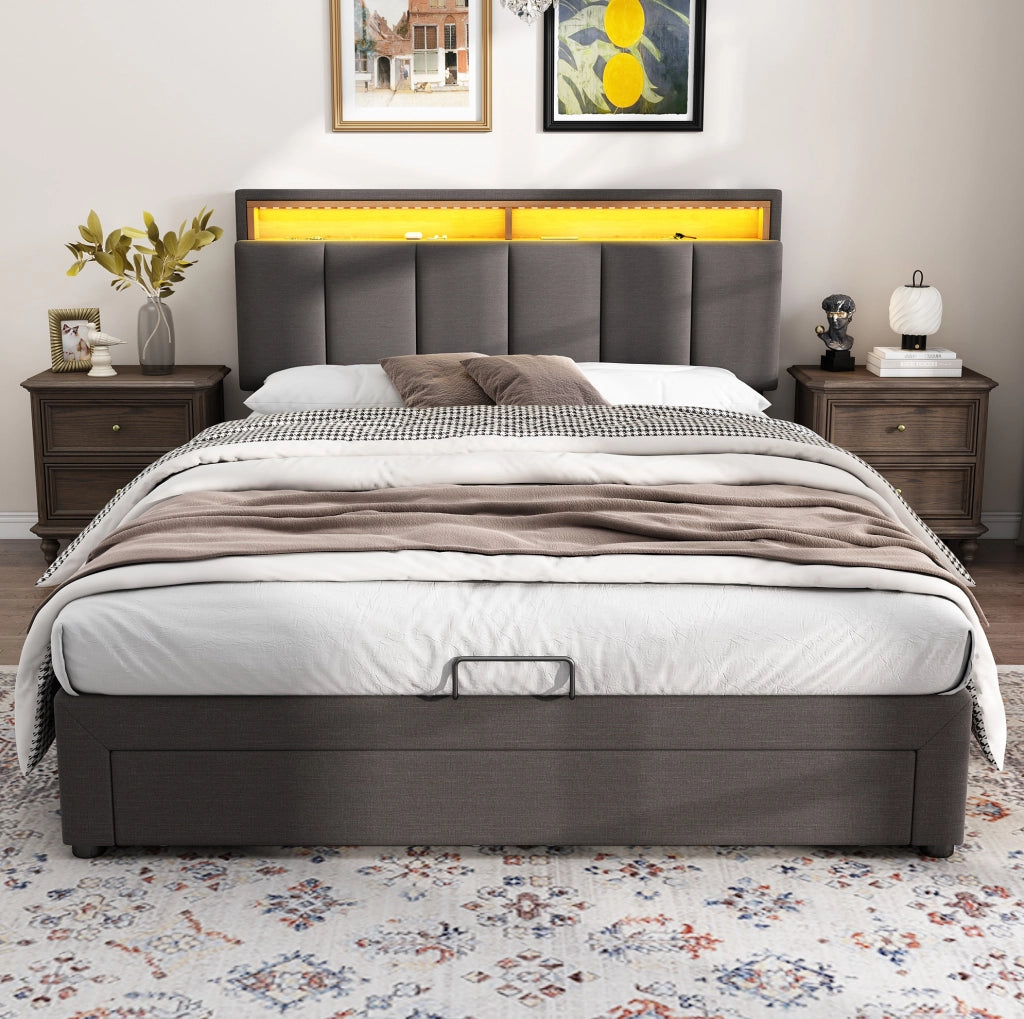 Letto imbottito 140 × 200 cm con LED regolabile e vano contenitore; lino grigio