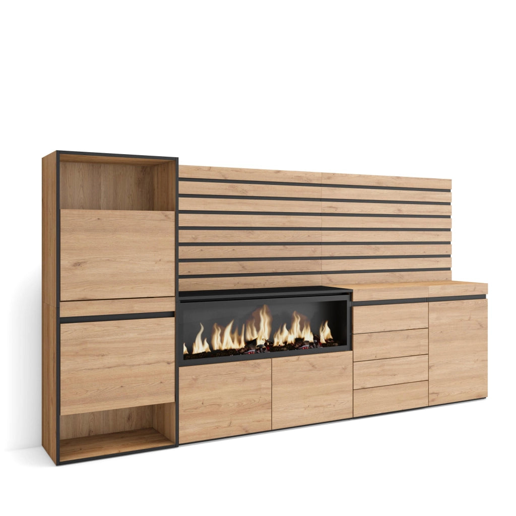 Scarpiera, 274x35x145cm, Camera da letto, Camino elettrico XXL, Cassettiera, Pannelli Decorativi, colore Rovere RF3566