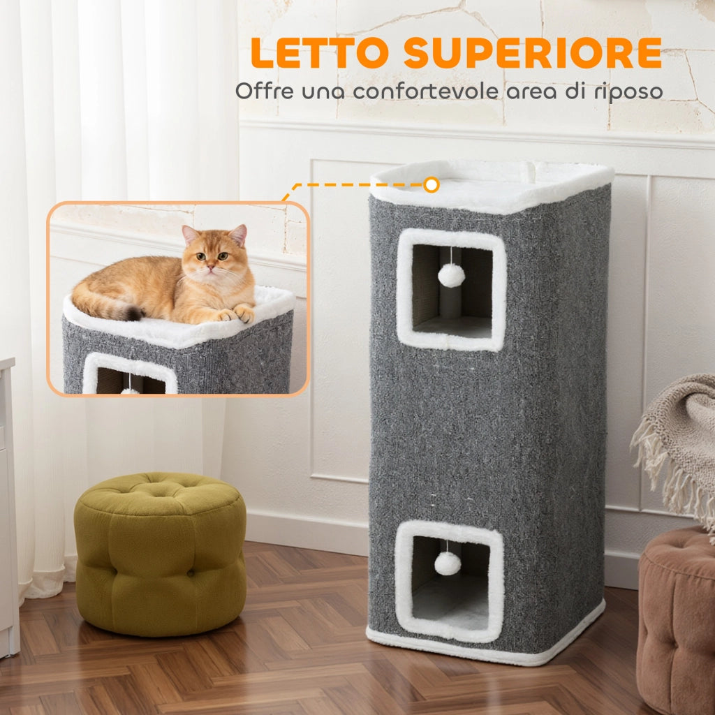 Torre per Gatti con 3 Casette Palline e Posatoio 41x41x100 cm in Legno Tessuto e Peluche Grigio e Bianco