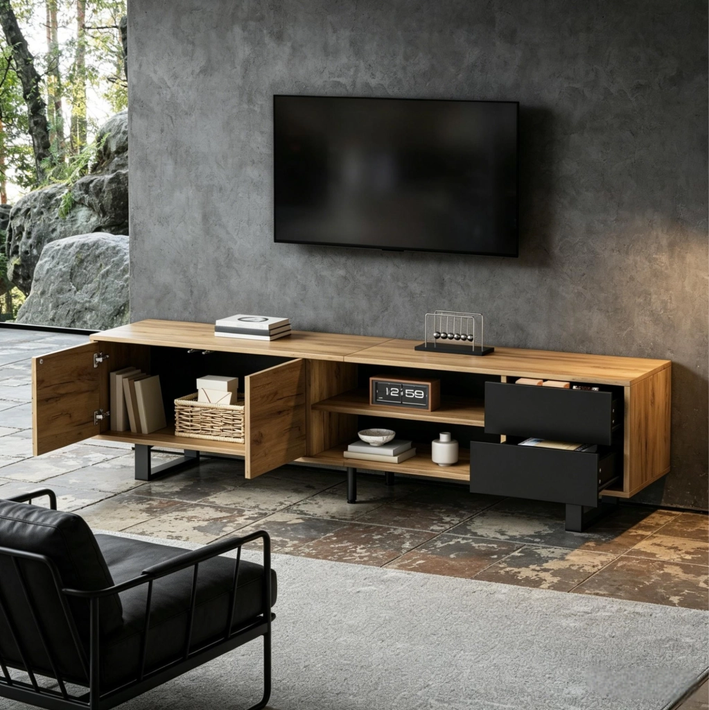 Mobile TV moderno 180x40x50 cm in truciolare effetto legno naturale e nero; per TV fino a 75 pollici