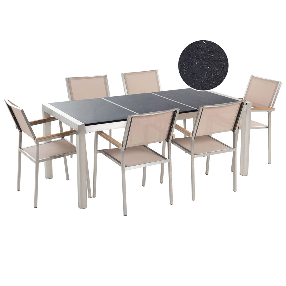 Set da Giardino Tavolo Piano Granito Nero 6 Sedie Beige 180 x 90 cm